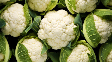 Fresh cauliflowers with water drops background. Vegetables backdrop. Generative AI.の素材