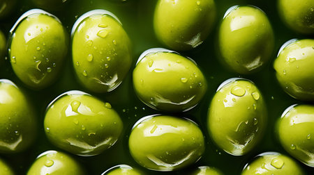 Fresh green olives with water drops background. Vegetables backdrop. Generative AI.の素材