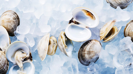 Top view on fresh clams in ice cubes. sea food background. Generative AI.の素材