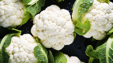 Fresh cauliflowers with water drops background. vegetable backdrop. Generative AI.の素材