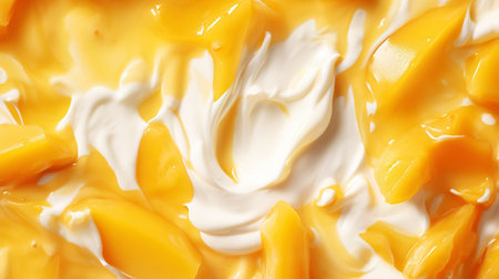 Yogurt and fresh mango pieces, background. top view. Generative AI.の素材