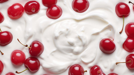 Yogurt and fresh cherry, background. top view. Generative AI.の素材