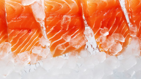 Fresh salmon fillet on ice. Red tasty fish meat. seafood background. Generative AI.の素材