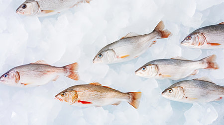 Fresh raw code fish on ice. seafood background. Generative AI.の素材