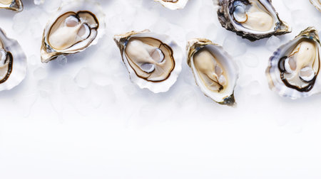 Top view on fresh oysters laying on crushed ice. Seafood background. Generative AI.の素材