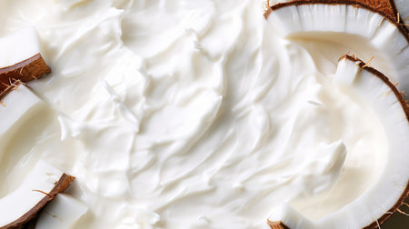 Yogurt and fresh coconut, background. Top view. Generative AI.の素材