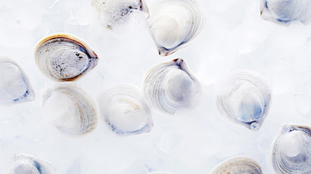 Top view on fresh clams in ice cubes. Sea food background. Generative AI.の素材