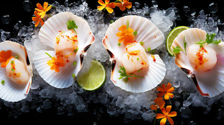 Raw fresh scallops on ice cubes. Seafood background. Generative AI.の素材