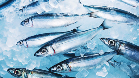 Fresh sardines on ice. Seafood background. Generative AI.の素材