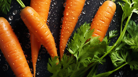 Fresh orange carrots with water drops background. Vegetables backdrop. Generative AI.の素材