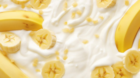 Yogurt and fresh bananas, background. Top view. Generative AI.の素材