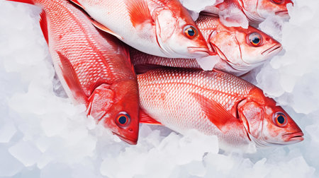 Red snapper fish catch in ice cubes. Seafood background. Generative AI.の素材