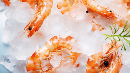 Top view of raw whole shrimps on ice. Seafood background. Generative AI.の素材