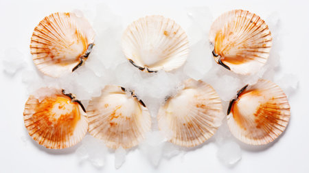 Raw fresh scallops on ice cubes. Seafood background. Generative AI.の素材