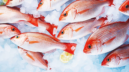 Red snapper fish catch in ice cubes. Seafood background. Generative AI.の素材