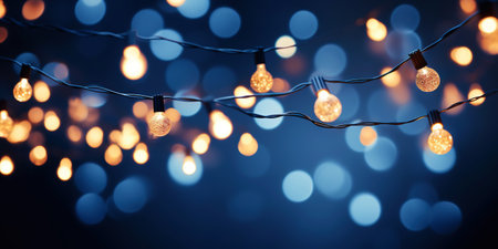 Christmas blue and orange garland bokeh background. Festive magical background. Generative AI .の素材