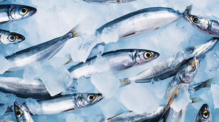 Fresh sardines on ice. Seafood background. Generative AI.の素材