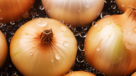 Fresh yellow onions with water drops background. Vegetables backdrop. Generative AI.の素材
