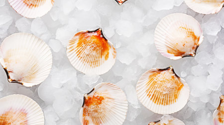 Raw fresh scallops on ice cubes. Seafood background. Generative AI.の素材