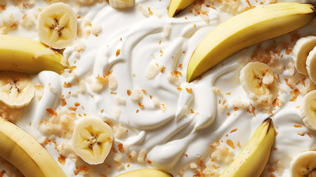 Yogurt and fresh bananas, background. Top view. Generative AI.の素材