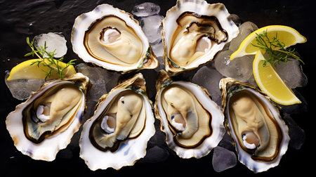 Top view on fresh oysters laying on crushed ice. Seafood background. Generative AI.の素材