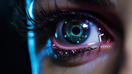 Female android robot eye close up. Digital iris of cyber woman. Bionic technology concept. Generative AI.の素材