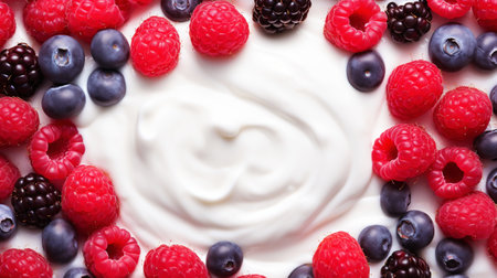 Yogurt and fresh forest berries, background. Top view. Generative AI.の素材