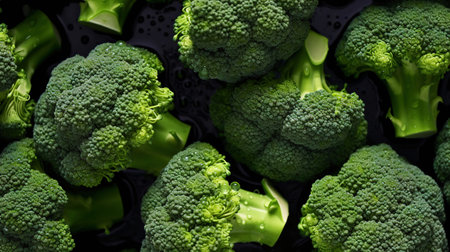 Fresh raw broccoli with water drops background. Vegetables backdrop. Generative AI.の素材