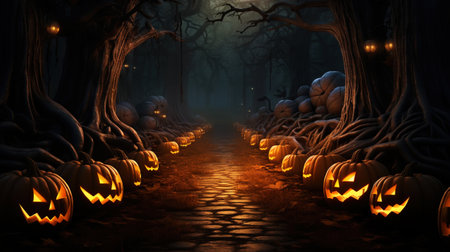 Moonlit path in the forest with pumpkins on the sides, mist over ground. Halloween concept. Generative AI.の素材