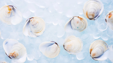 Top view on fresh clams in ice cubes. Sea food background. Generative AI.の素材