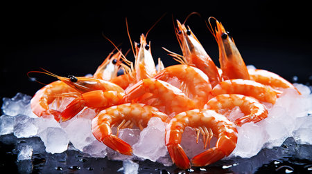 Top view of raw whole king prawns on ice. Seafood background. Generative AI.の素材
