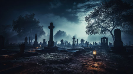 Cemetery covered with mist in the night with dark sky and moon. Halloween haunted cemetery concept.Generative AI.の素材