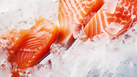 Fresh salmon fillet on ice. Red tasty fish meat. Seafood background. Generative AI.の素材