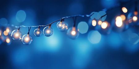 Christmas blue and orange garland bokeh background. Festive magical background. Generative AI .の素材