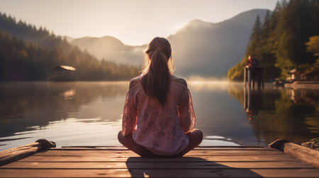 Young girl practice yoga on wooden pier with a view on lake and beautiful landscape. Generative AI.の素材