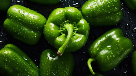 Fresh green bell peppers with water drops background. Vegetables backdrop. Generative AI.の素材