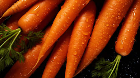 Fresh orange carrots with water drops background. Vegetables backdrop. Generative AI.の素材