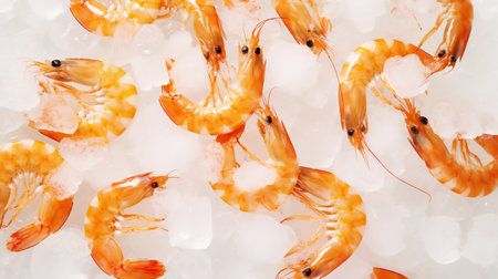 Top view of raw whole shrimps on ice. Seafood background. Generative AI.の素材