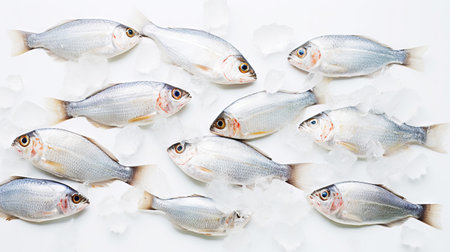 Fresh Horse Mackerel, trachurus on Ice. Seafood background. Generative AI.の素材