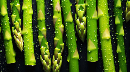 Fresh green asparagus with water drops background. Vegetables backdrop. Generative AI.の素材