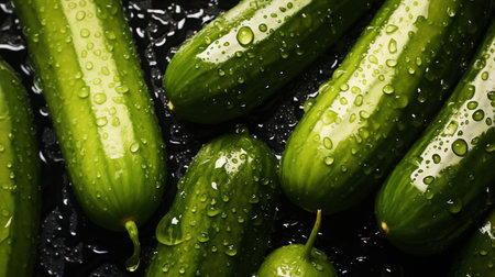 Fresh green cucumber slices with water drops background. Vegetables backdrop. Generative AI.の素材