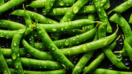 Fresh green beans with water drops background. Vegetables backdrop. Generative AI.の素材