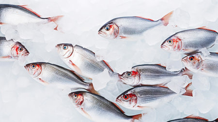 Fresh Horse Mackerel, trachurus on Ice. Seafood background. Generative AI.の素材