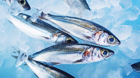 Fresh sardines on ice. Seafood background. Generative AI.の素材