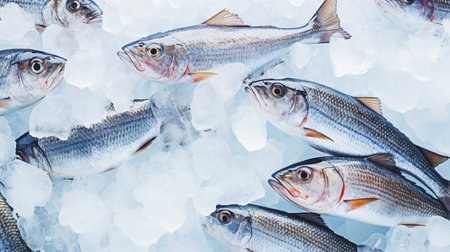 Fresh Horse Mackerel, trachurus on Ice. Seafood background. Generative AI.の素材