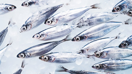 Fresh sardines on ice. Seafood background. Generative AI.の素材
