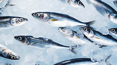 Fresh sardines on ice. Seafood background. Generative AI.の素材