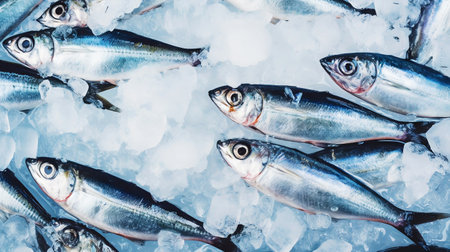 Fresh sardines on ice. Seafood background. Generative AI.の素材