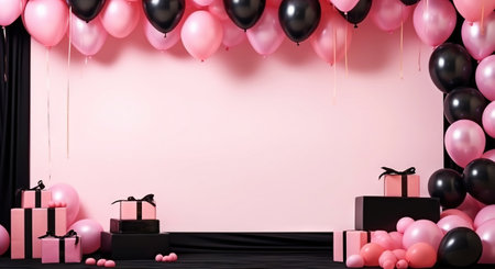 Girlish invitation mock-up with pink, gold and white gifts and balloons. Party concept. Generative AI.の素材