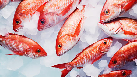 Red snapper fish catch in ice cubes. Seafood background. Generative AI.の素材